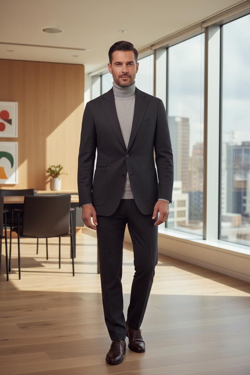 Man wearing light grey merino wool turtleneck sweater with blazer