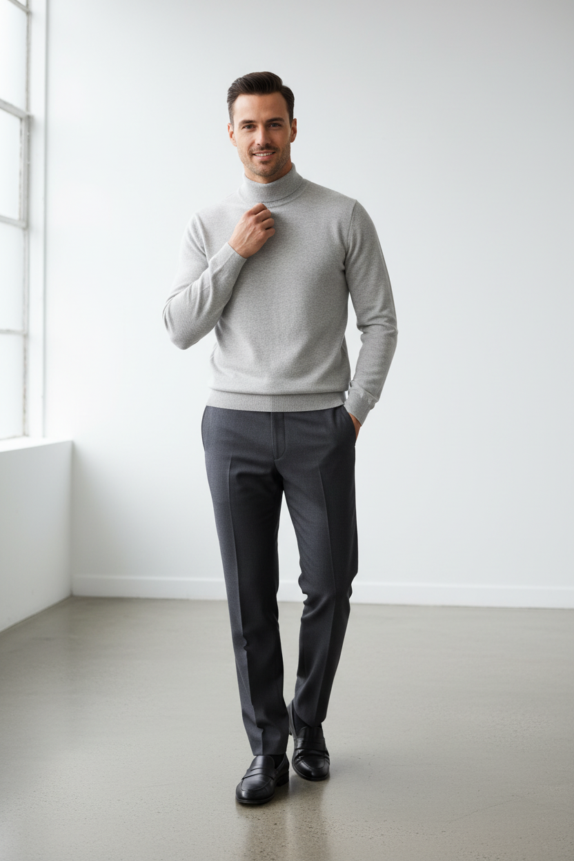 Man wearing light grey merino wool turtleneck sweater casual style