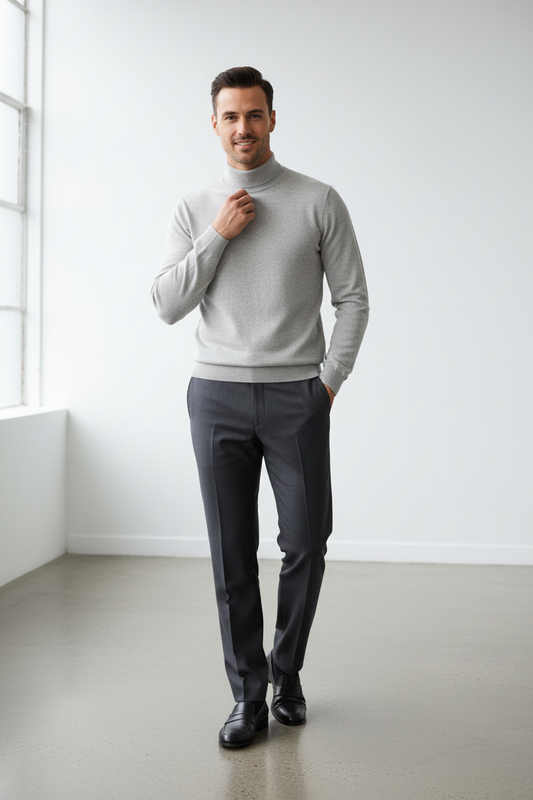 Man wearing light grey merino wool turtleneck sweater casual style